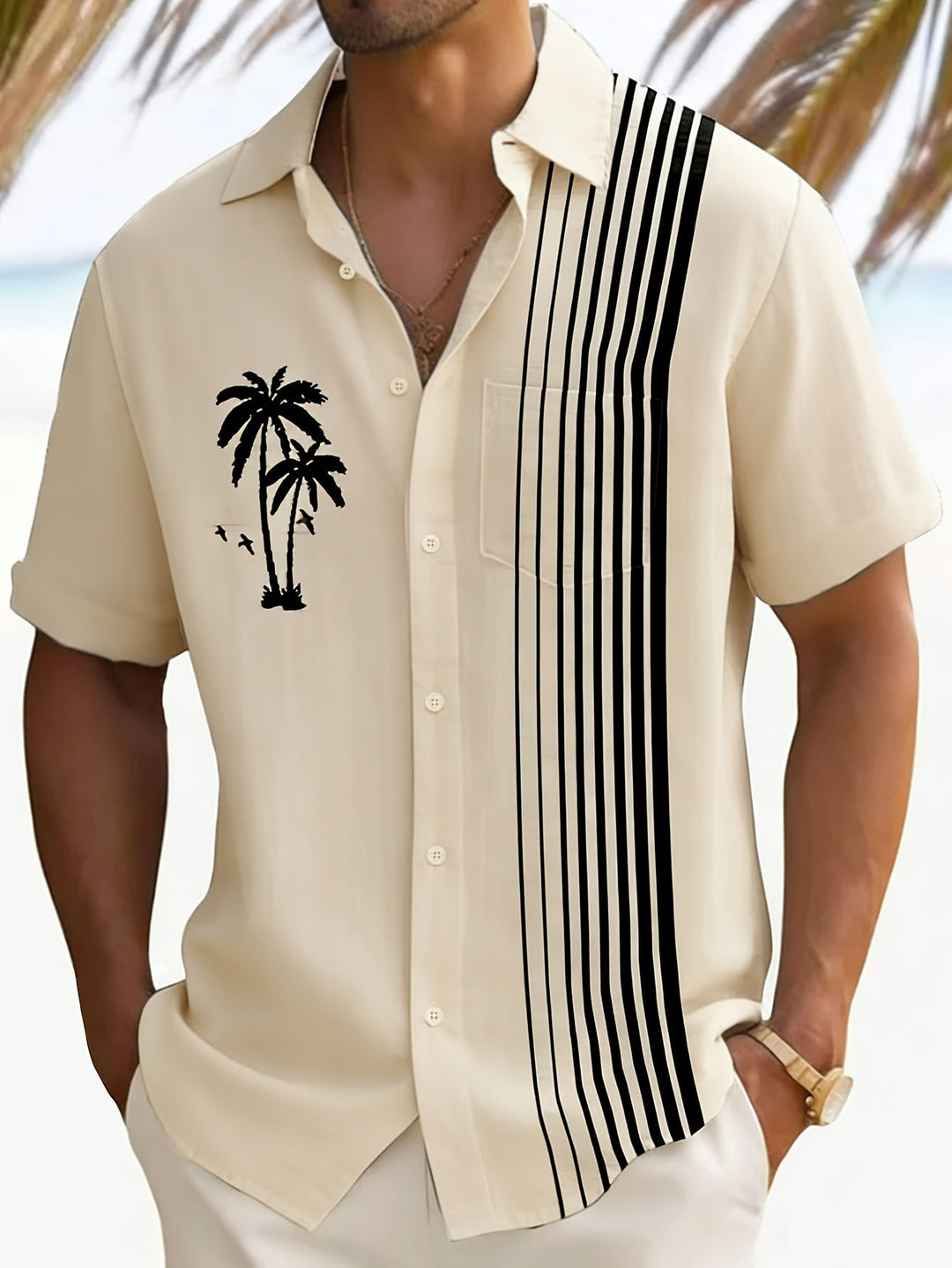 Javroni™ Men's Tropical Shirt with Palm and Stripe Print