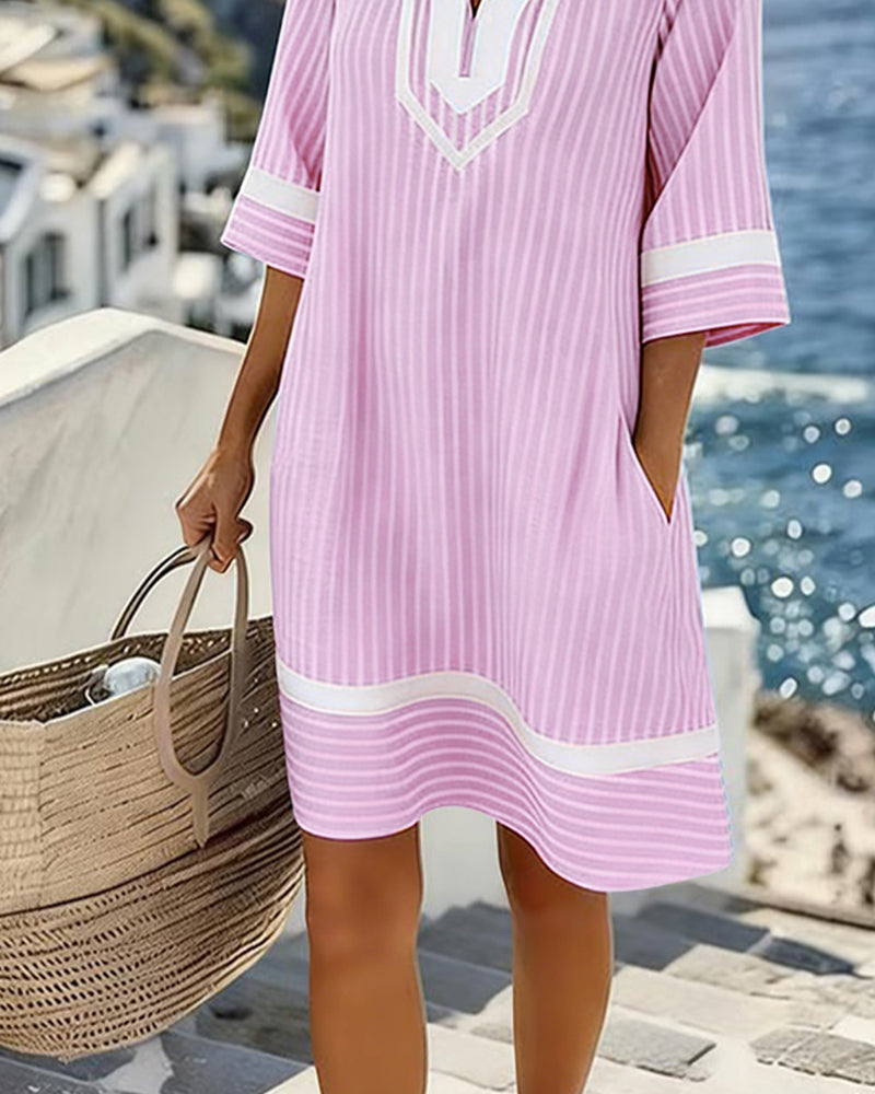 Fifer™ Short Sleeve Striped V-Neck Dress