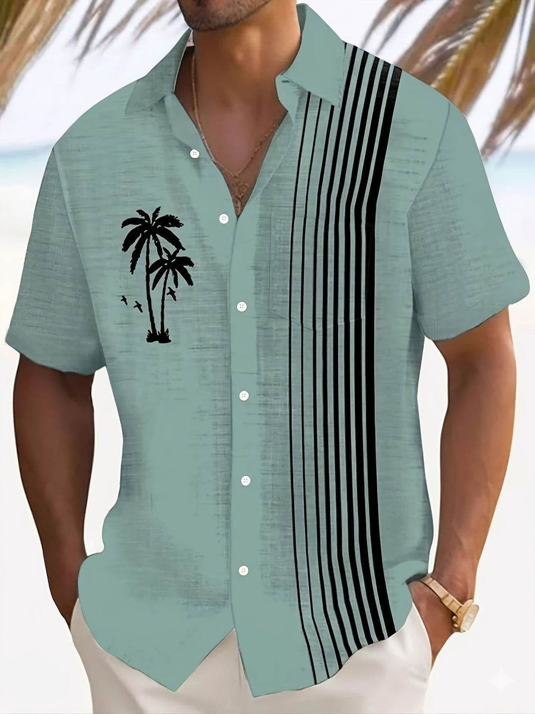 Javroni™ Men's Tropical Shirt with Palm and Stripe Print