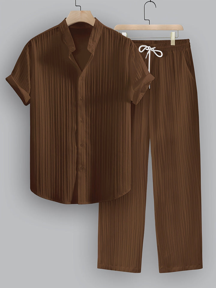 Kavaroq™ Men's Summer Set with Mao Collar Shirt and Drawstring Pants