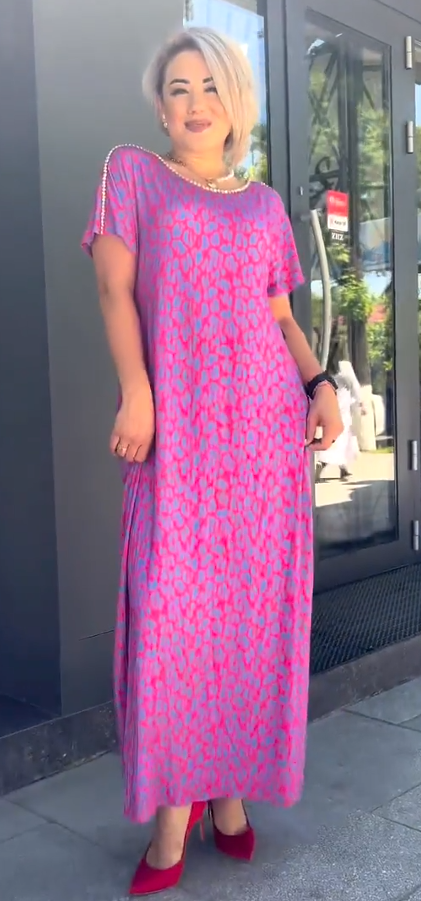 Leni™ Pink and Purple Floral Print Dress with Diamond Neckline