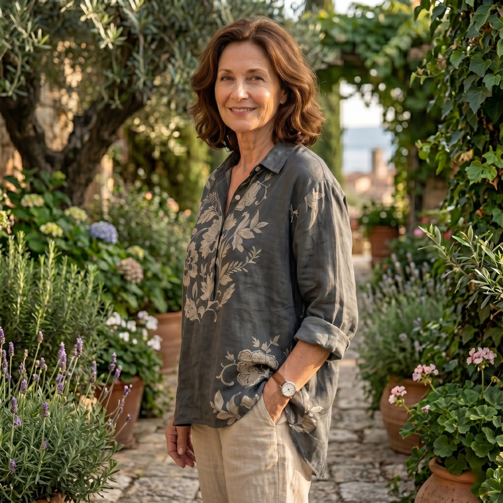 Gaia™ Elegant Linen Blouse with Floral Print