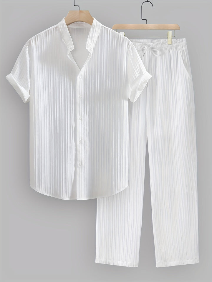 Kavaroq™ Men's Summer Set with Mao Collar Shirt and Drawstring Pants