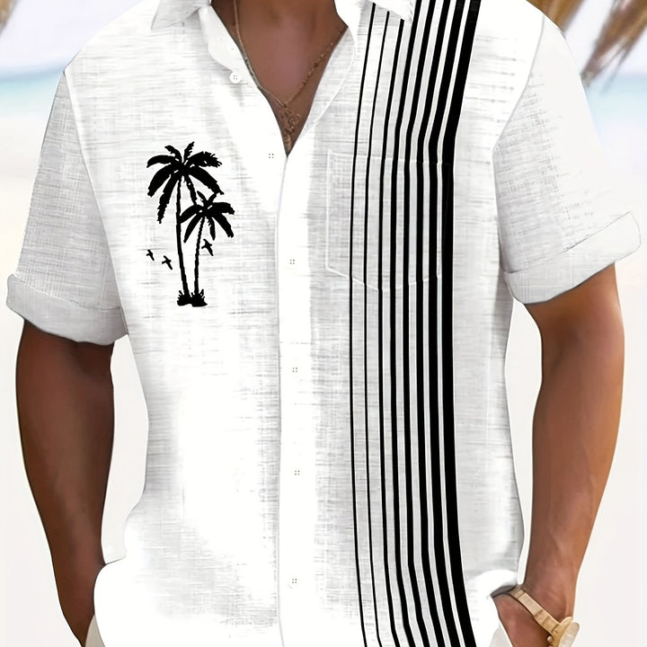 Javroni™ Men's Tropical Shirt with Palm and Stripe Print