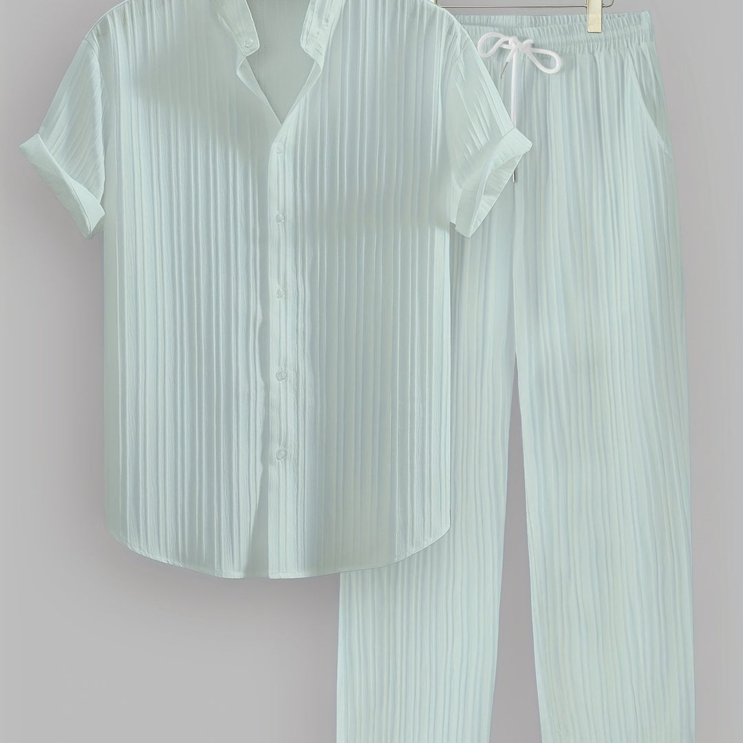 Kavaroq™ Men's Summer Set with Mao Collar Shirt and Drawstring Pants