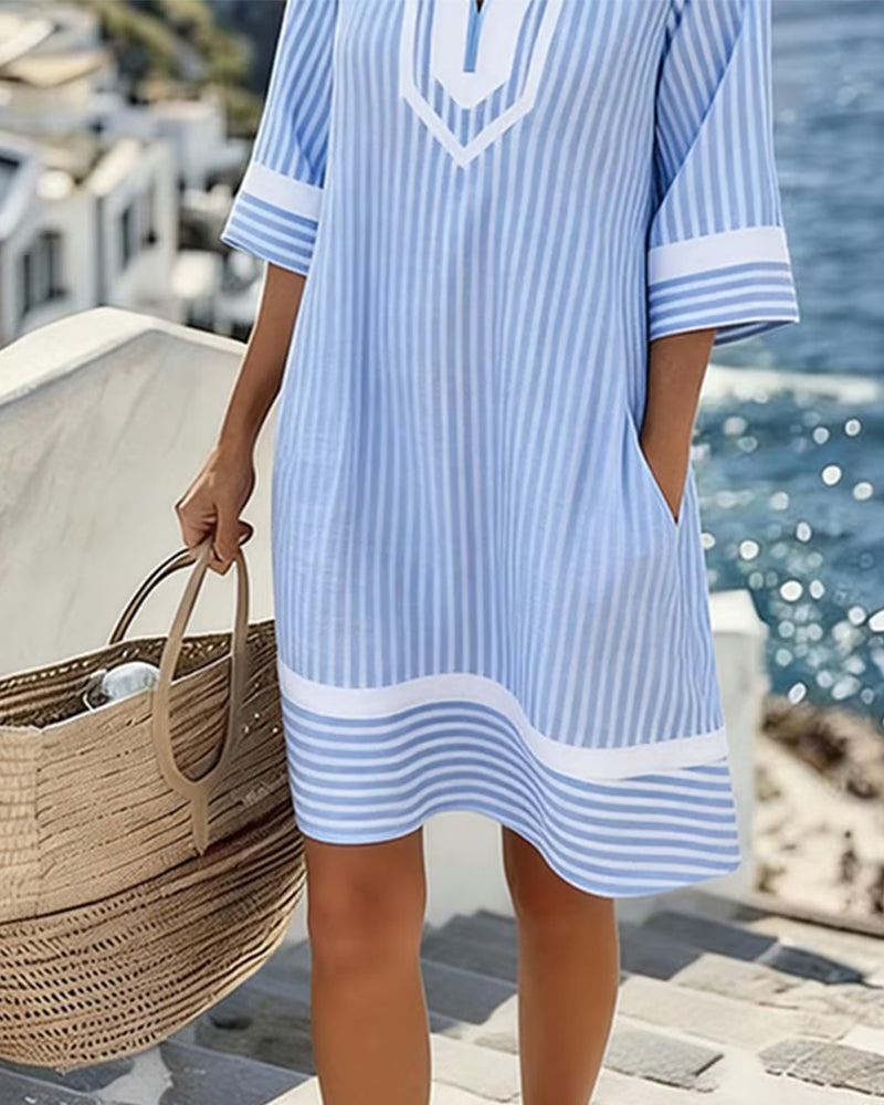 Fifer™ Short Sleeve Striped V-Neck Dress