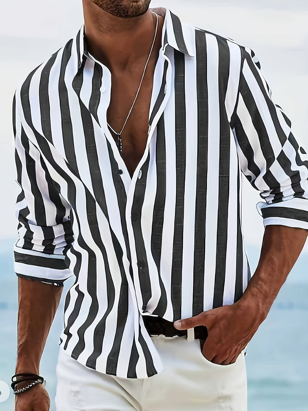 Kervik™ Long Sleeve Tropical Shirt for Men with Stripes and Classic Collar