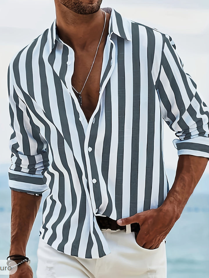 Kervik™ Long Sleeve Tropical Shirt for Men with Stripes and Classic Collar