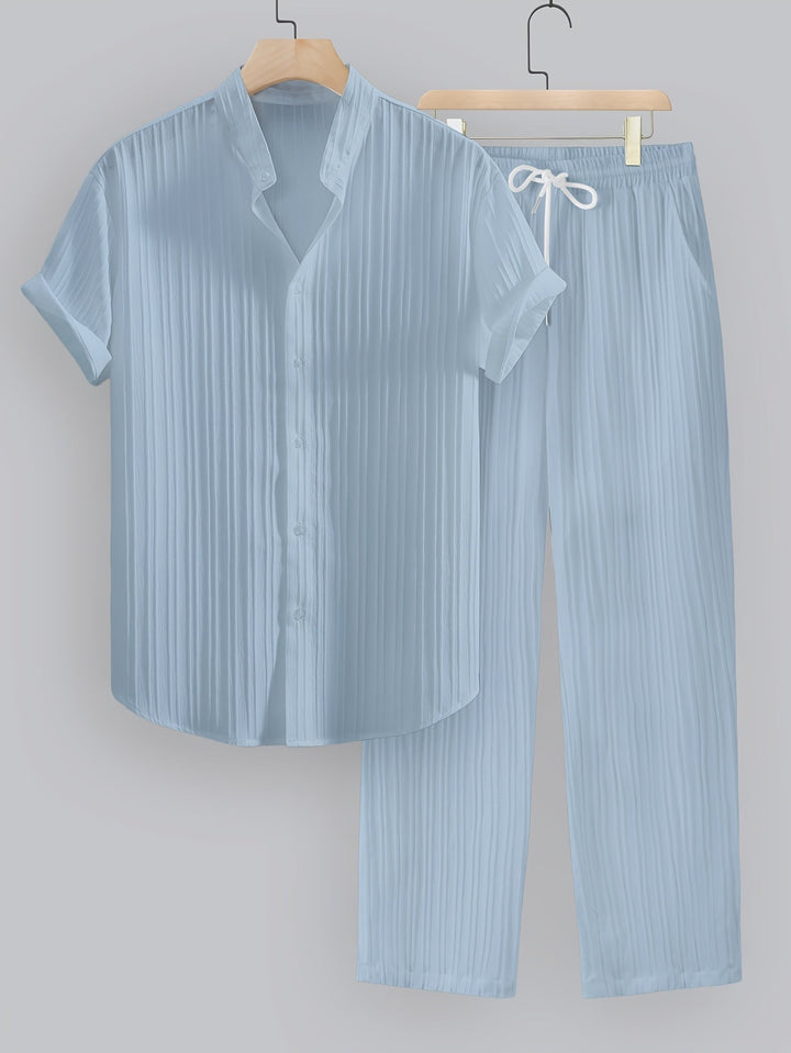 Kavaroq™ Men's Summer Set with Mao Collar Shirt and Drawstring Pants