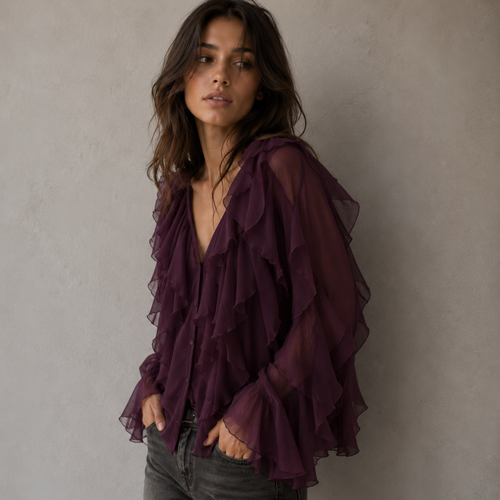 Hensira™ Gray Bohemian Blouse with Ruffles