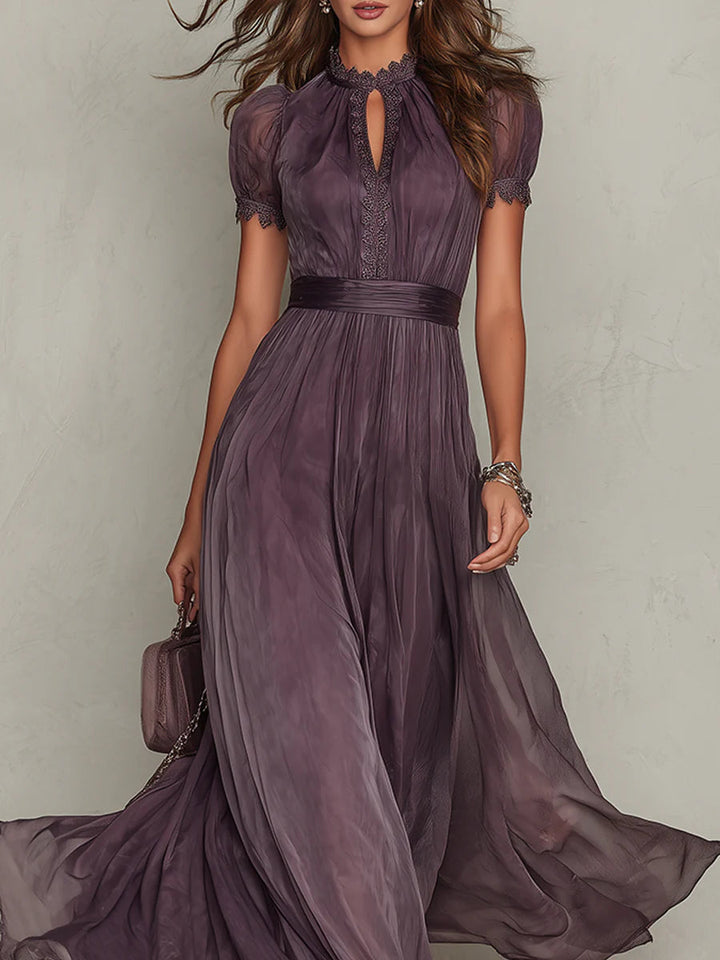 Bellamy™ Long Purple Dress with Keyhole Neckline, Chiffon Lace Trim