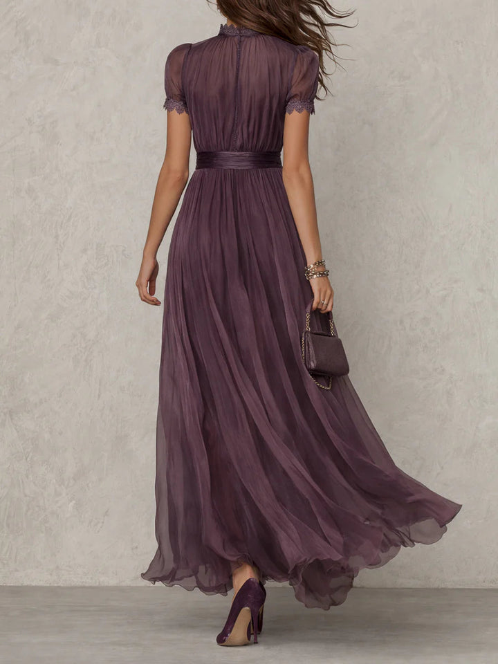 Bellamy™ Long Purple Dress with Keyhole Neckline, Chiffon Lace Trim