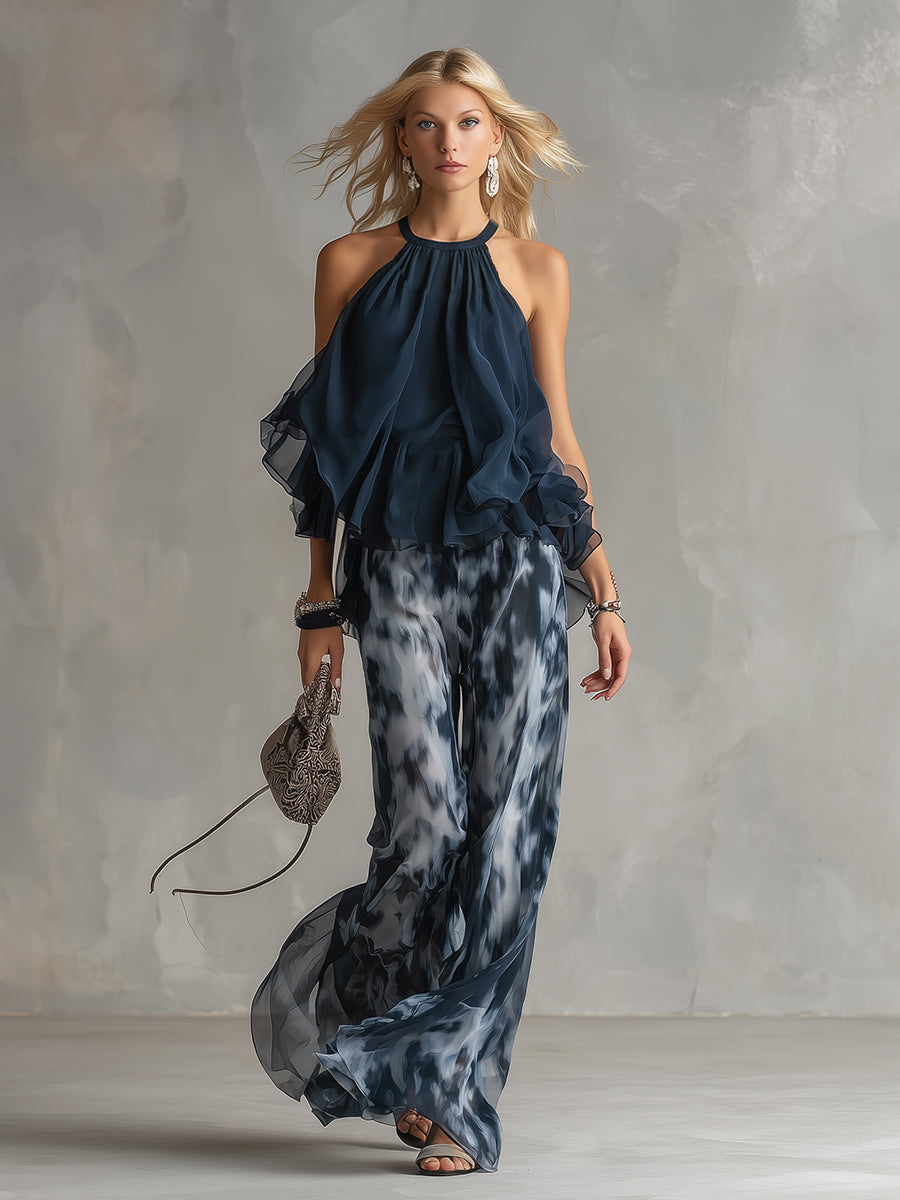 Isolde™ elegant chiffon set with high neck top and printed wide-leg pants