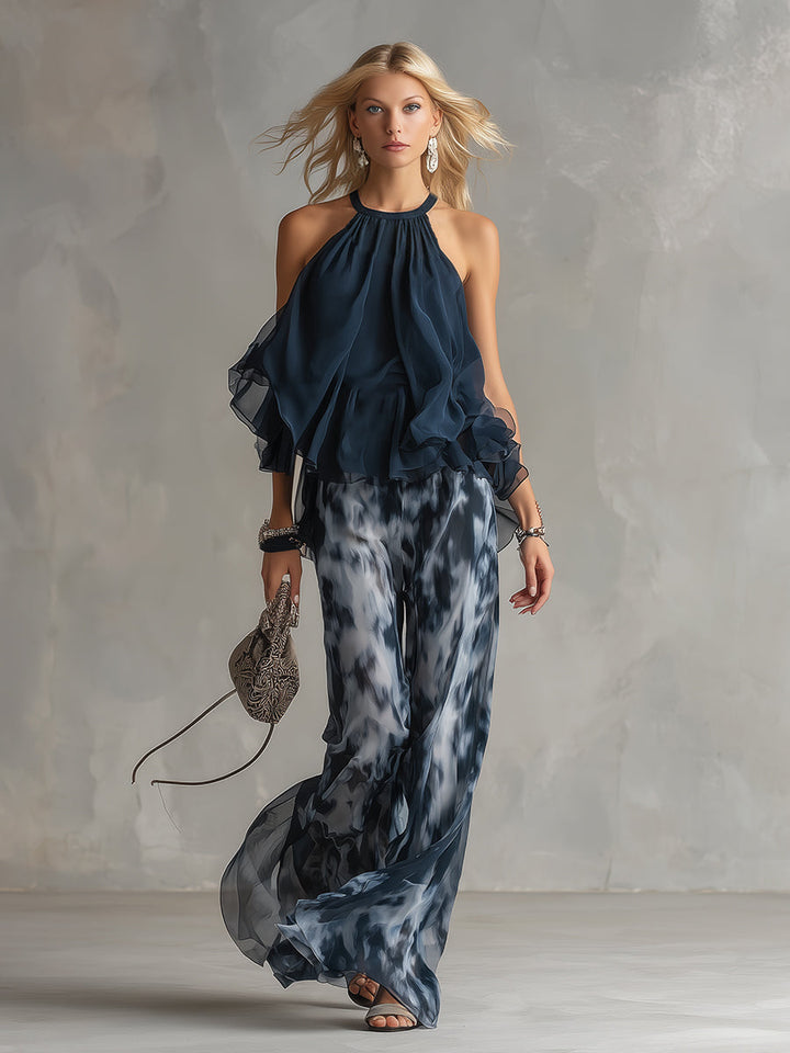 Isolde™ elegant chiffon set with high neck top and printed wide-leg pants