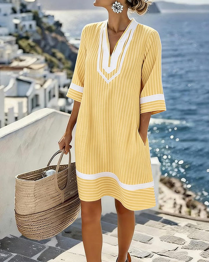 Fifer™ Short Sleeve Striped V-Neck Dress