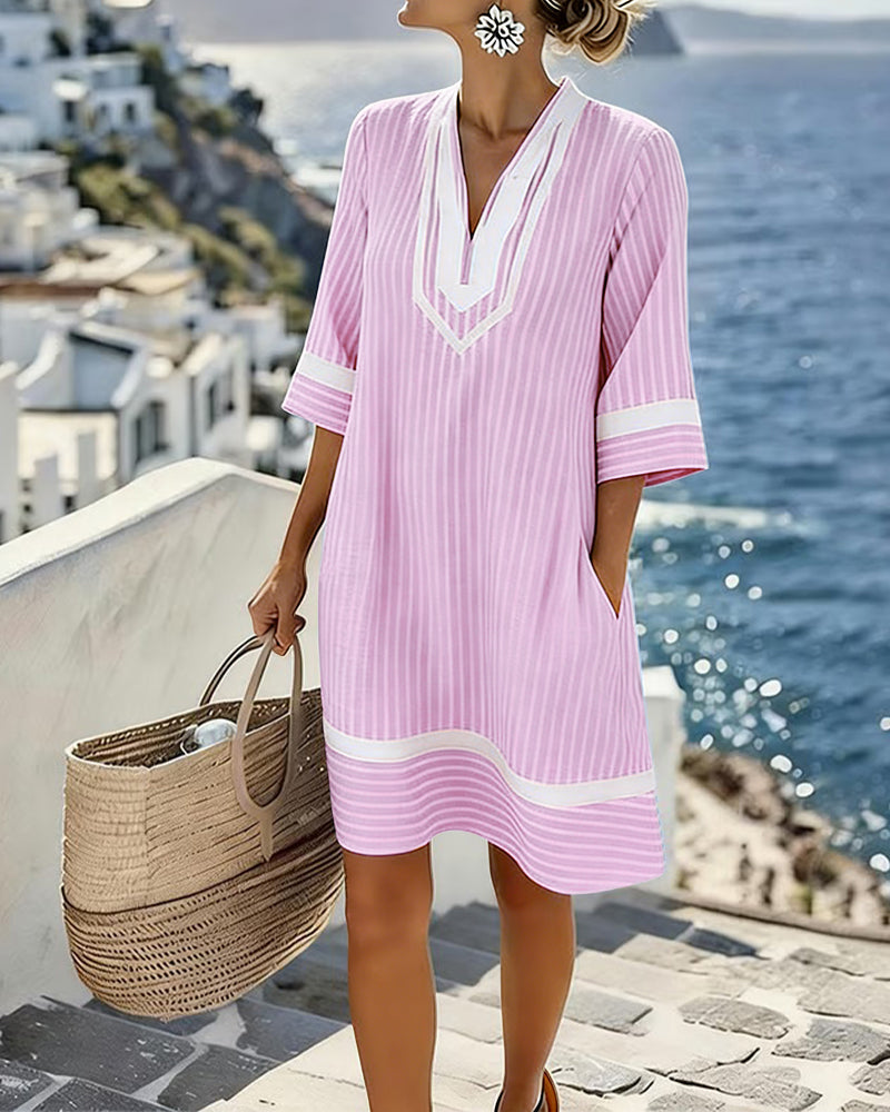 Fifer™ Short Sleeve Striped V-Neck Dress