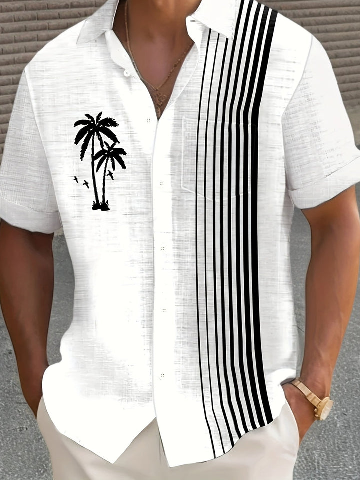 Javroni™ Men's Tropical Shirt with Palm and Stripe Print