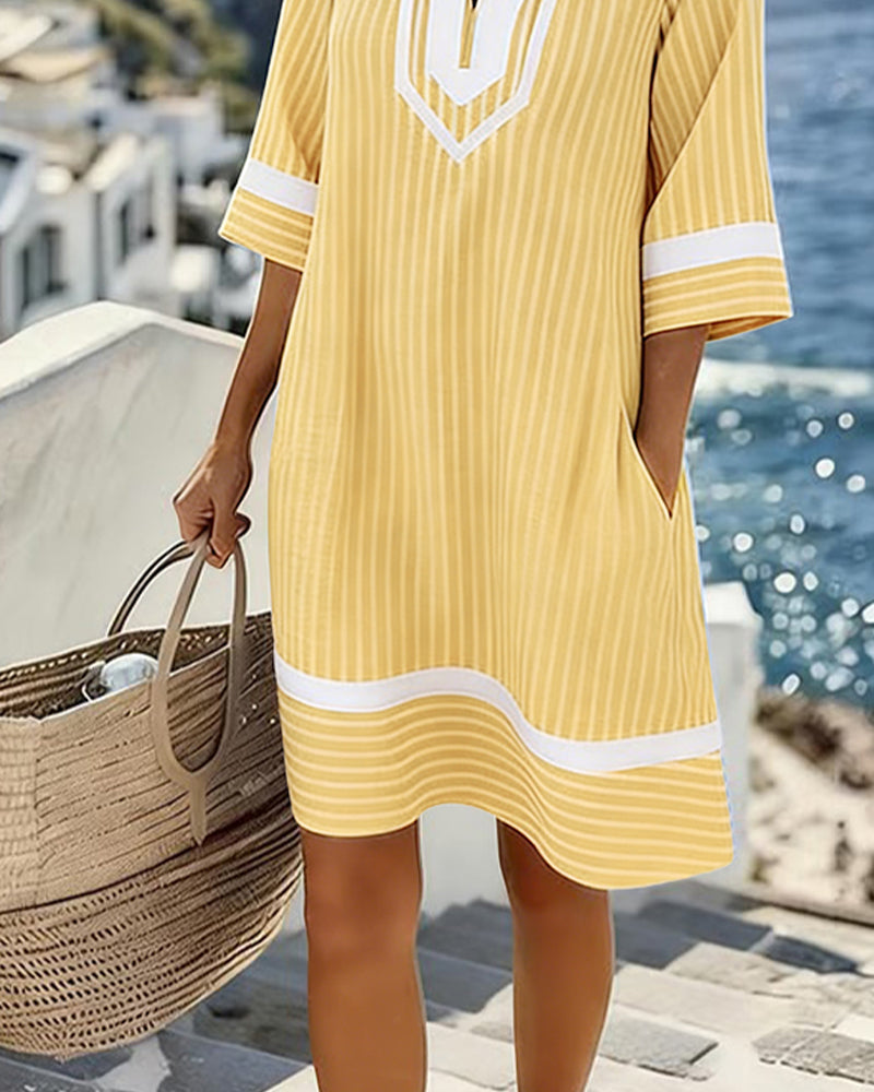 Fifer™ Short Sleeve Striped V-Neck Dress