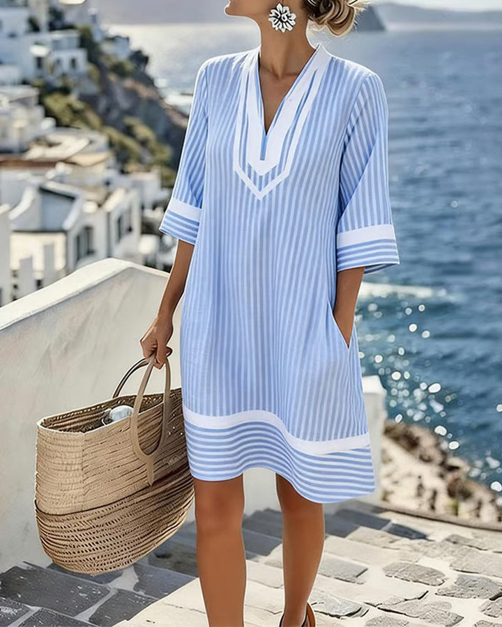 Fifer™ Short Sleeve Striped V-Neck Dress