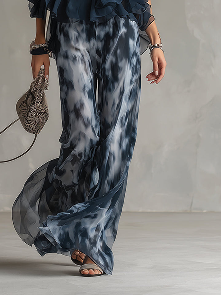 Isolde™ elegant chiffon set with high neck top and printed wide-leg pants