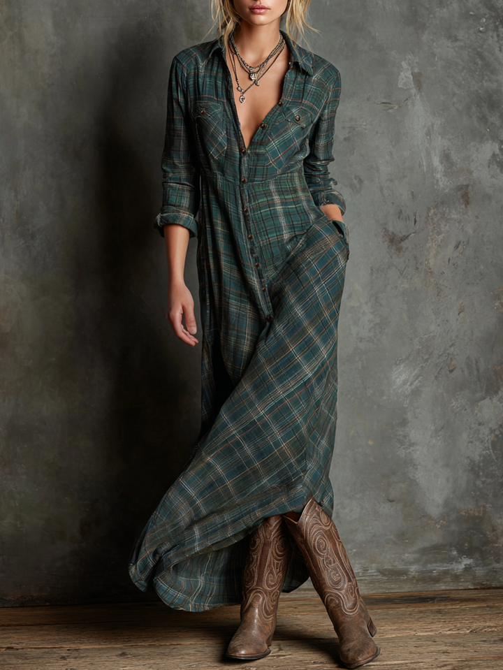 Blayra™ Women's Plaid Shirt Maxi Dress with Lapel