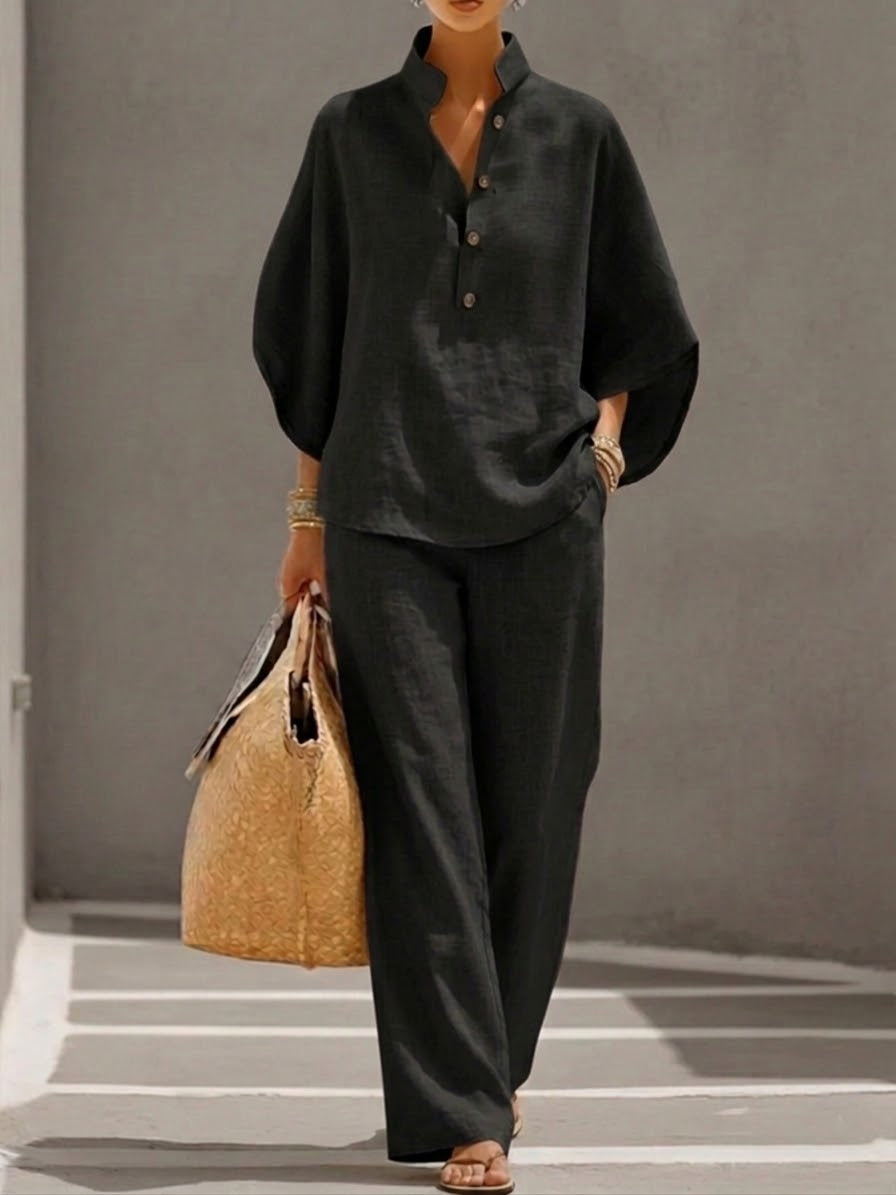 Kinsley™ Cotton and Linen Batwing Sleeve Set with Wide Pants