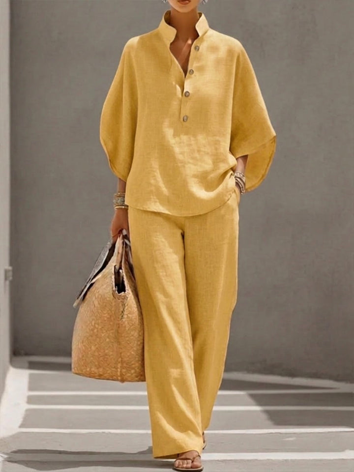 Kinsley™ Cotton and Linen Batwing Sleeve Set with Wide Pants